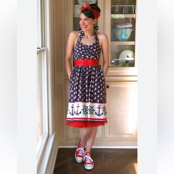 Anthropologie Dresses & Skirts - Ahoy sailor! Nautical sailboat Anthropologie Blue Halter Mini Sundress babydoll